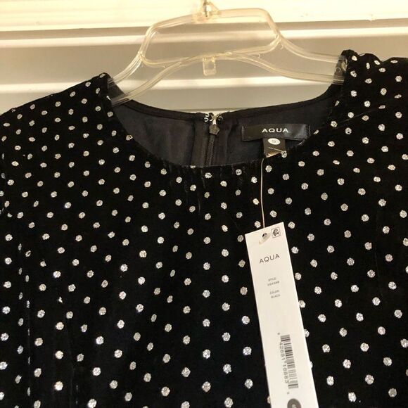 AQUA - NWT - L Sz S Metallic-Dot Velvet Long-Sleeve Mini-Dress. 100% Polyester. - Picture 8 of 13